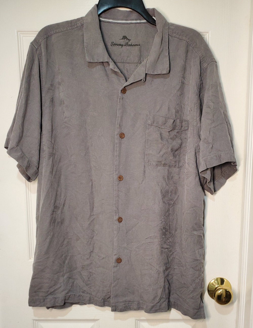 Tommy Bahama Silk Camp Shirt XL Gray Hawaiian Short Sleeve Button Front
